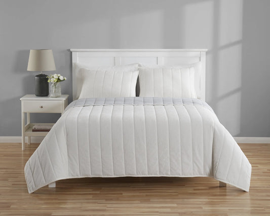 Solid Textured Corduroy Striped Quilt, White, Full/Queen, All Ages