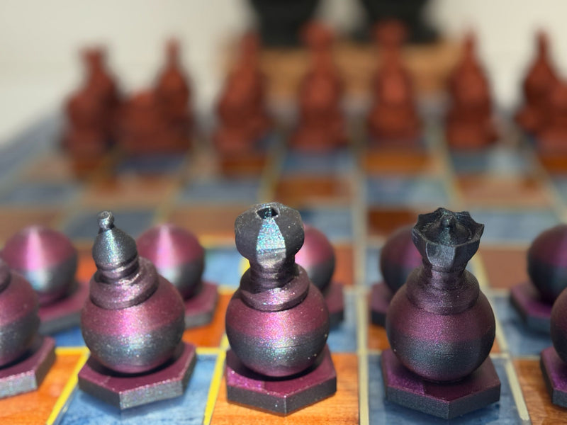 19.5" Walnut & Epoxy Resin Chess Set – Handcrafted Board with 3D Printed Modern Pieces