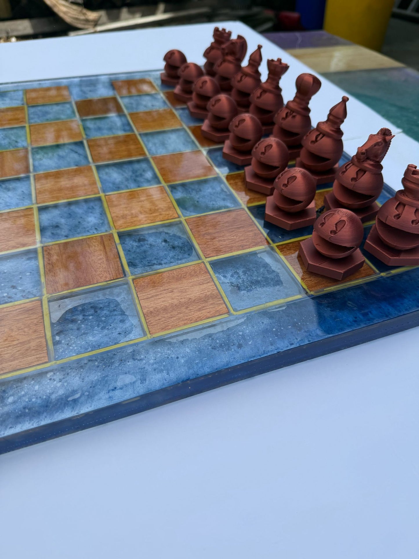 19.5" Walnut & Epoxy Resin Chess Set – Handcrafted Board with 3D Printed Modern Pieces