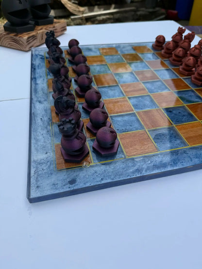 19.5" Walnut & Epoxy Resin Chess Set – Handcrafted Board with 3D Printed Modern Pieces - Our3Designs