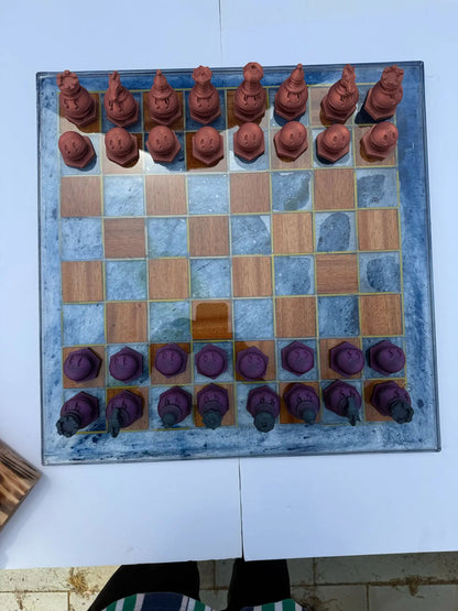 19.5" Walnut & Epoxy Resin Chess Set – Handcrafted Board with 3D Printed Modern Pieces - Our3Designs