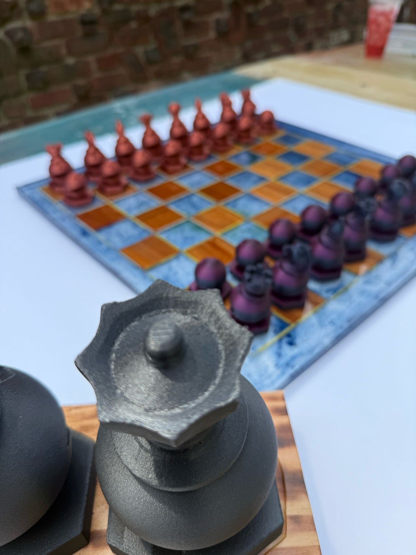 19.5" Walnut & Epoxy Resin Chess Set – Handcrafted Board with 3D Printed Modern Pieces