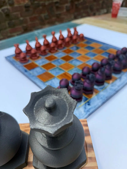 19.5" Walnut & Epoxy Resin Chess Set – Handcrafted Board with 3D Printed Modern Pieces - Our3Designs