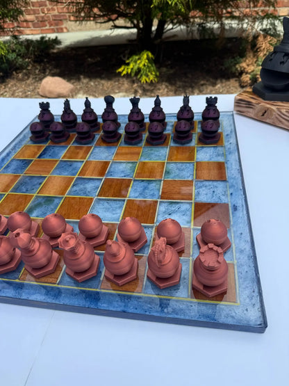 19.5" Walnut & Epoxy Resin Chess Set – Handcrafted Board with 3D Printed Modern Pieces - Our3Designs