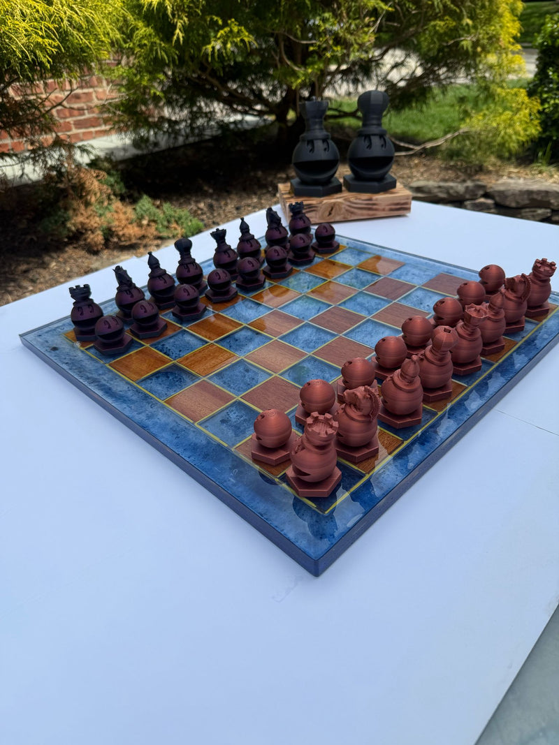 19.5" Walnut & Epoxy Resin Chess Set – Handcrafted Board with 3D Printed Modern Pieces