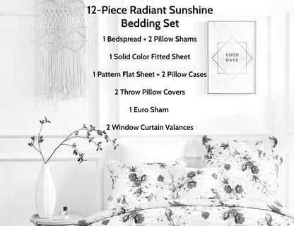 DaDa Bedding Bed in a Bag Bundle Set - Radiant Sunshine Yellow Hummingbirds Floral Bedding Set (JHW-925) DaDalogy Bedding Collection