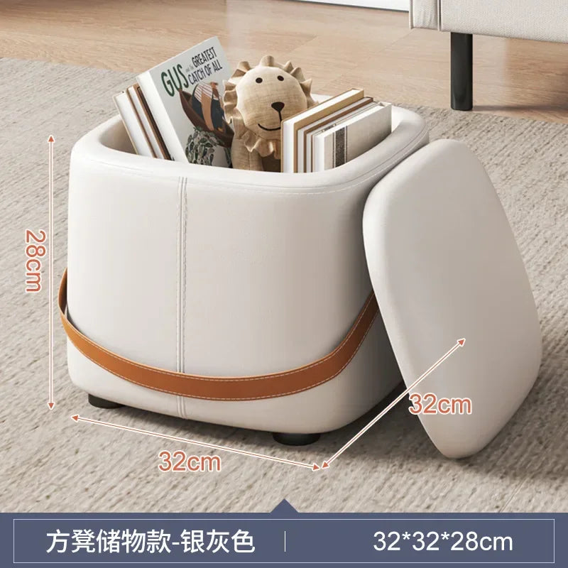 Hallway With Box Storage Stool PU Leather Pouf Household Shoe Stool