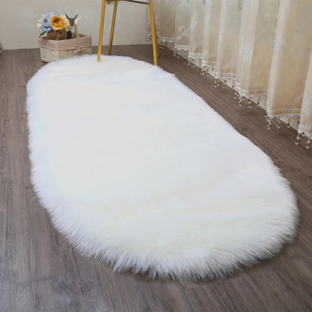 Oval Carpet Soft Fluffy Imitation Wool Area Rugs White