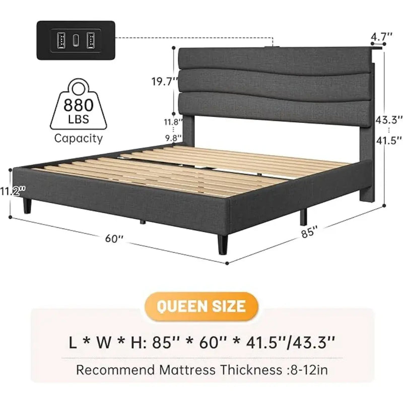 Queen Bed Frame w/Fabric Upholstered Headboard, Storage Headboard & Charging Station, Wooden Slats Support, No Box Spring Needed Our3Designs