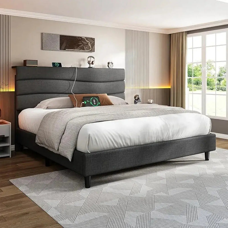 Queen Bed Frame w/Fabric Upholstered Headboard, Storage Headboard & Charging Station, Wooden Slats Support, No Box Spring Needed Our3Designs