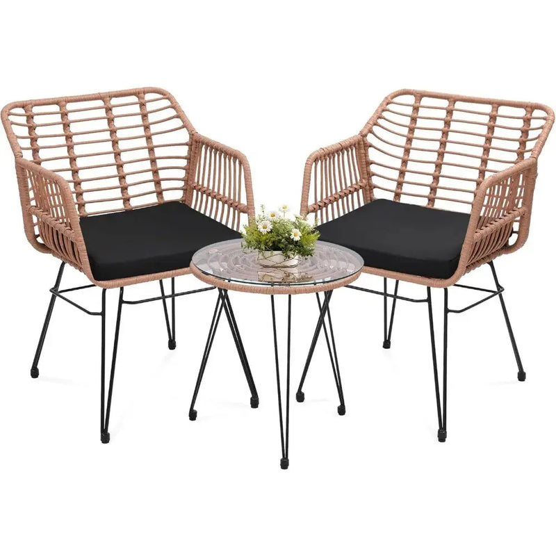 3-Piece Wicker Patio Set – 2 Rattan Chairs & Glass Table w/ Cushions Outdoor - Our3Designs