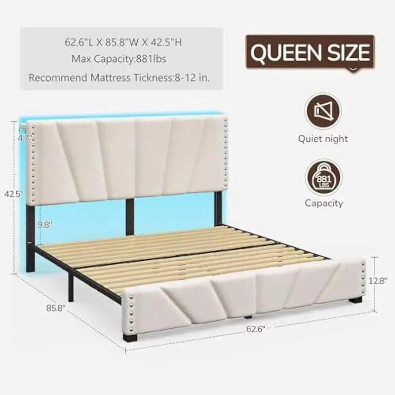 LED Bed Frame, Velvet Storage Headboard with Charging Station, Easy Assembly Bed Frame w/Sturdy Wooden Slats Support, Noise-Free Our3Designs