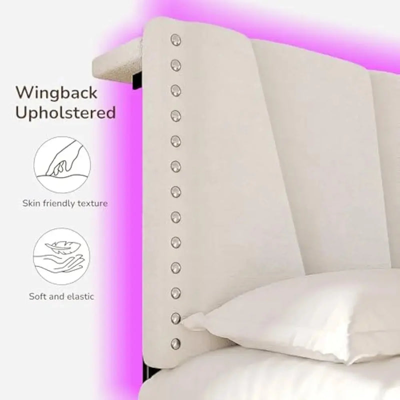 LED Bed Frame, Velvet Storage Headboard with Charging Station, Easy Assembly Bed Frame w/Sturdy Wooden Slats Support, Noise-Free Our3Designs
