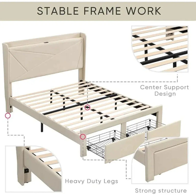 Upholstered Bed Frame w/Charging Station&2 Storage Drawers, Upholstered Headboard Platform Bed, No Box Spring Needed, Beds Frame Our3Designs