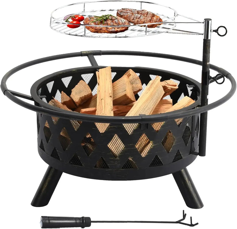 Multifunctional Fire Pit Fire Bowl With Spark Guard& Grill Grate Height Adjustable Garden Patio Fire Pit For Heating BBQ Outdoor Our3Designs