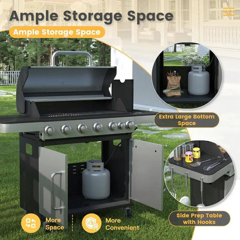 6-Burner Propane Gas BBQ Grill w/ Side Burner – 65,500 BTU Stainless Steel - Our3Designs