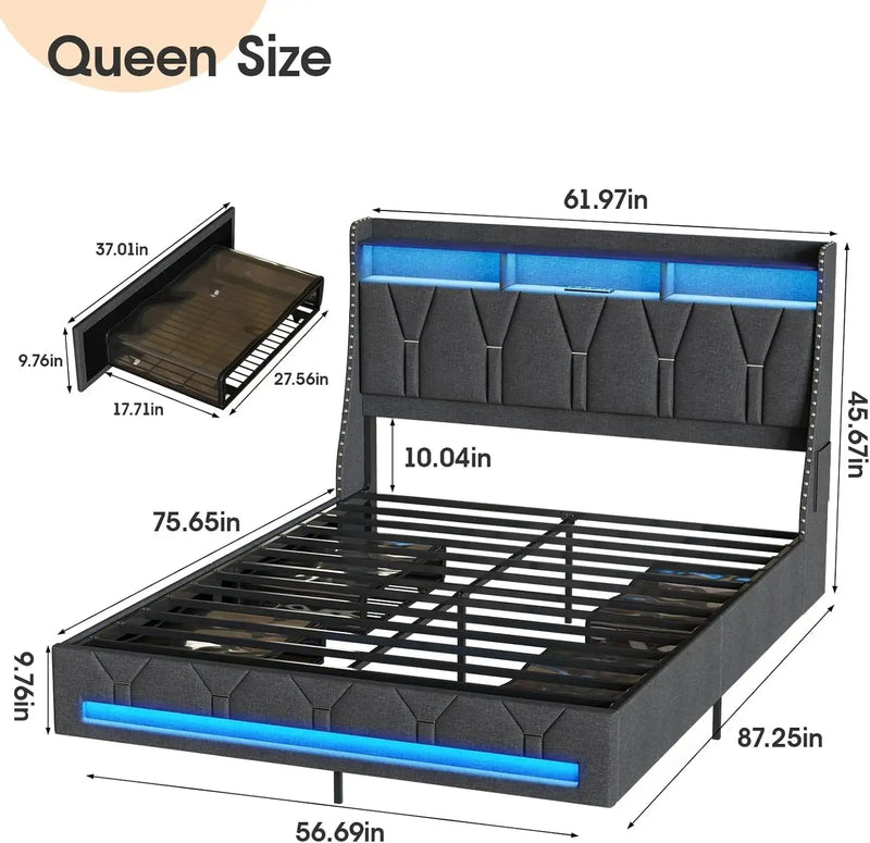 Vabches Queen Size Bed Frame with Headboard&4 Dustproof Storage Drawer Upholstered Platform Bed Frame with Power Strip&LED Light Our3Designs
