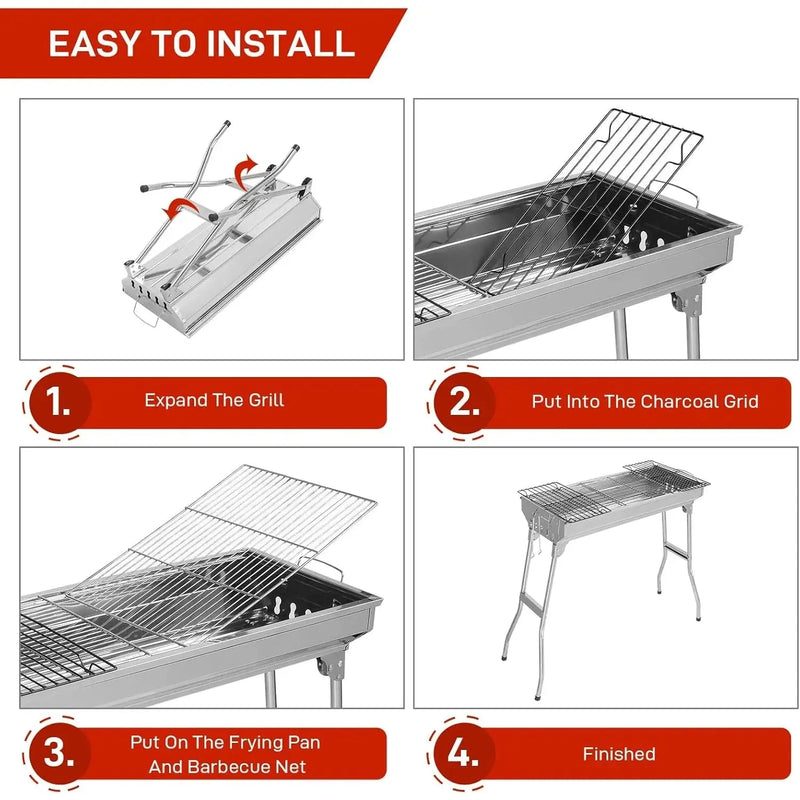 Portable Charcoal Grill 28"x13" – Foldable Stainless BBQ for Camping & Outdoors - Our3Designs