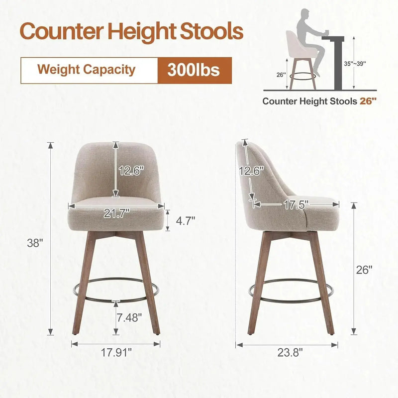 Counter Height Bar Stools Set of 3, Modern Mid-Century Swivel Barstools with Backs and Wood Legs. Our3Designs