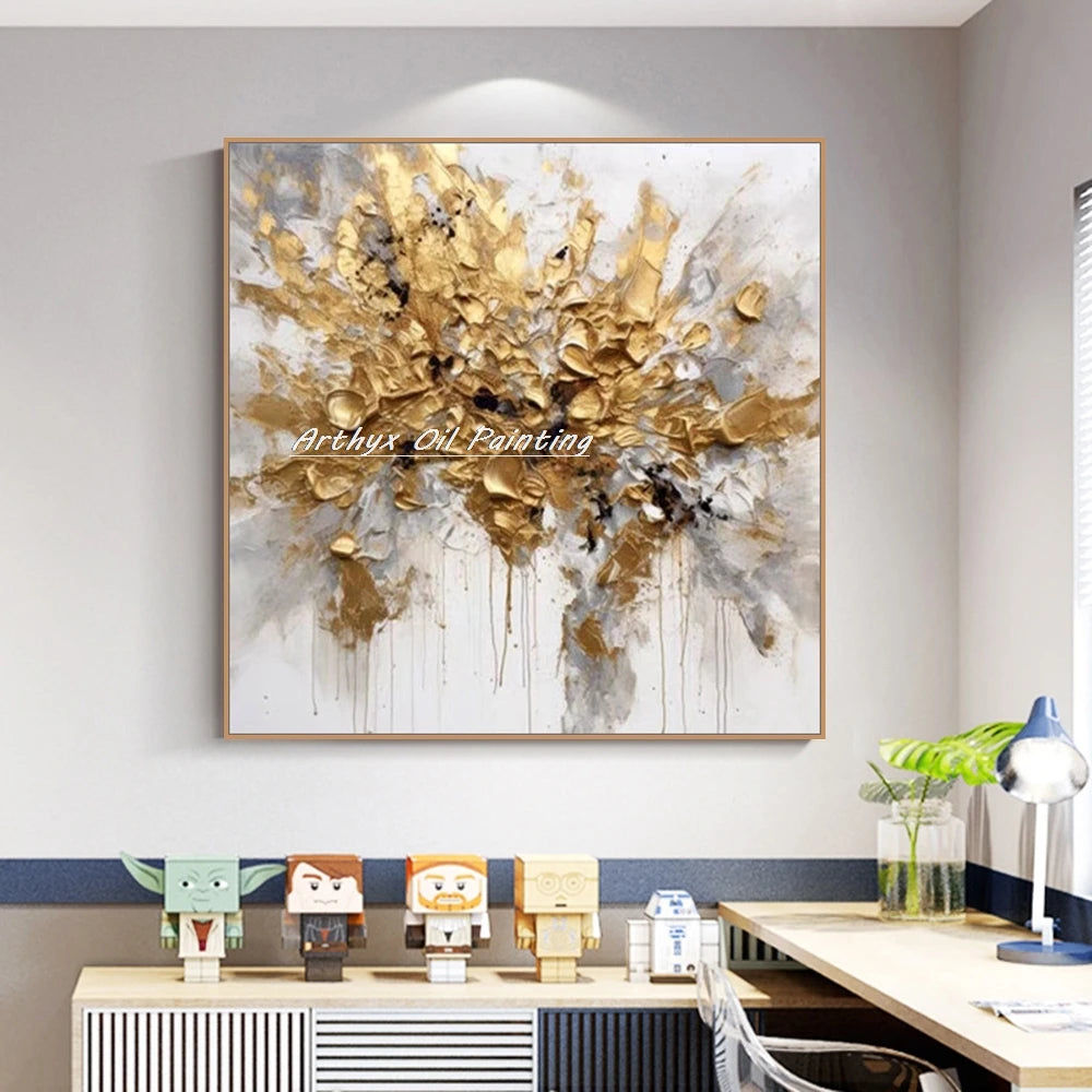 Arthyx Wall Art Picture Handpainted Texture Gold Flowers Oil Painting