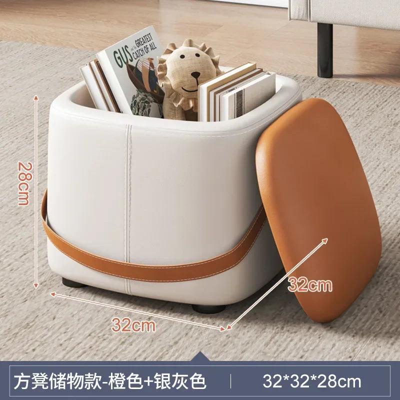 Hallway With Box Storage Stool PU Leather Pouf Household Shoe Stool