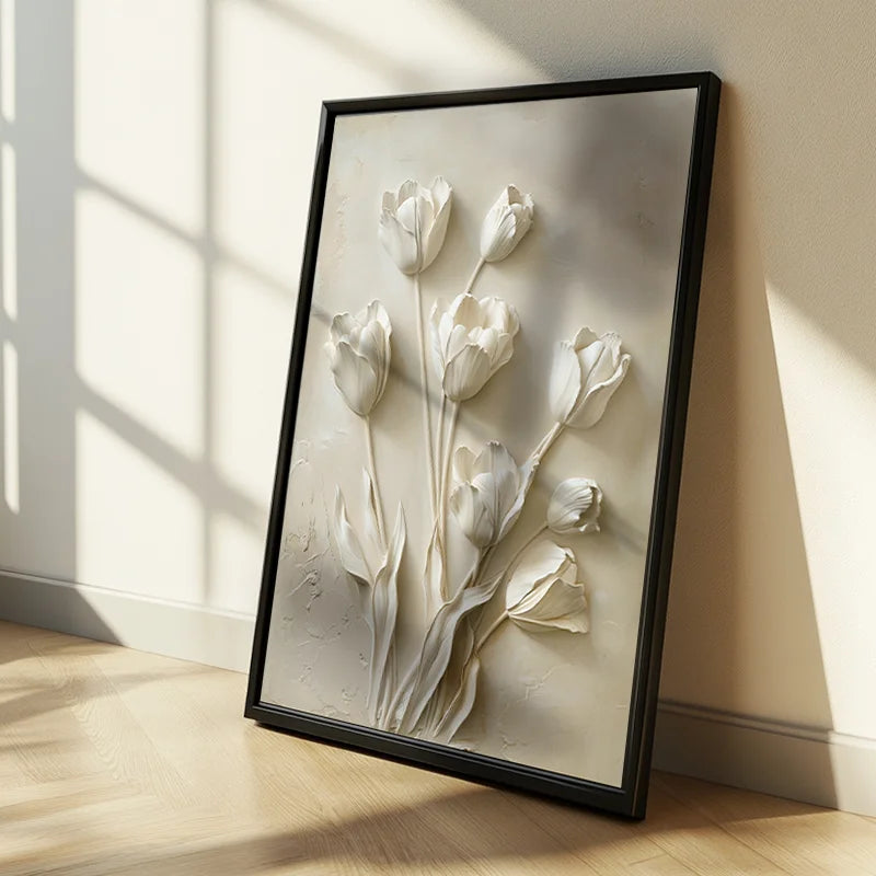 Modern Relief White Tulip Wall Art Decor Elegant Textured Flower Painting