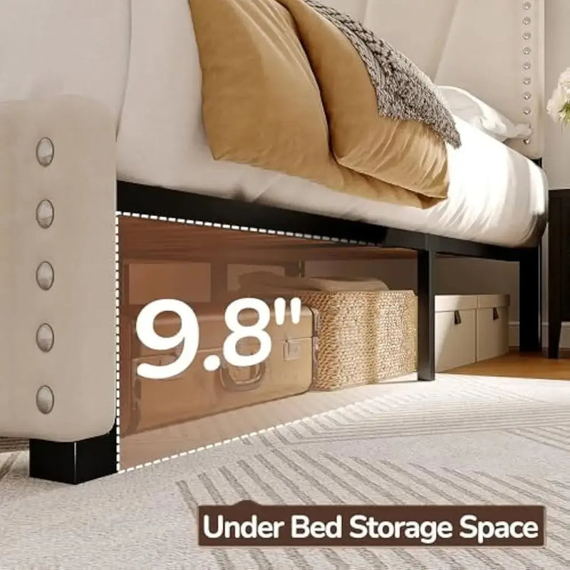 LED Bed Frame, Velvet Storage Headboard with Charging Station, Easy Assembly Bed Frame w/Sturdy Wooden Slats Support, Noise-Free Our3Designs