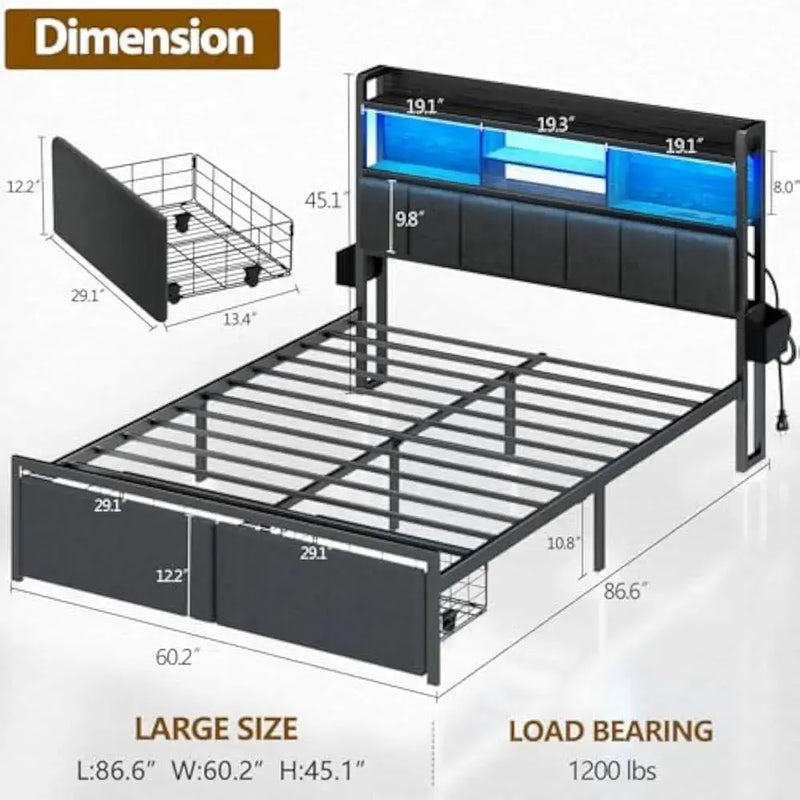 LED Queen Size Bed Frame with Storage Drawer and Charging Station, Metal Platform, No Box Spring Needed, Queen Size Bed Frame Our3Designs