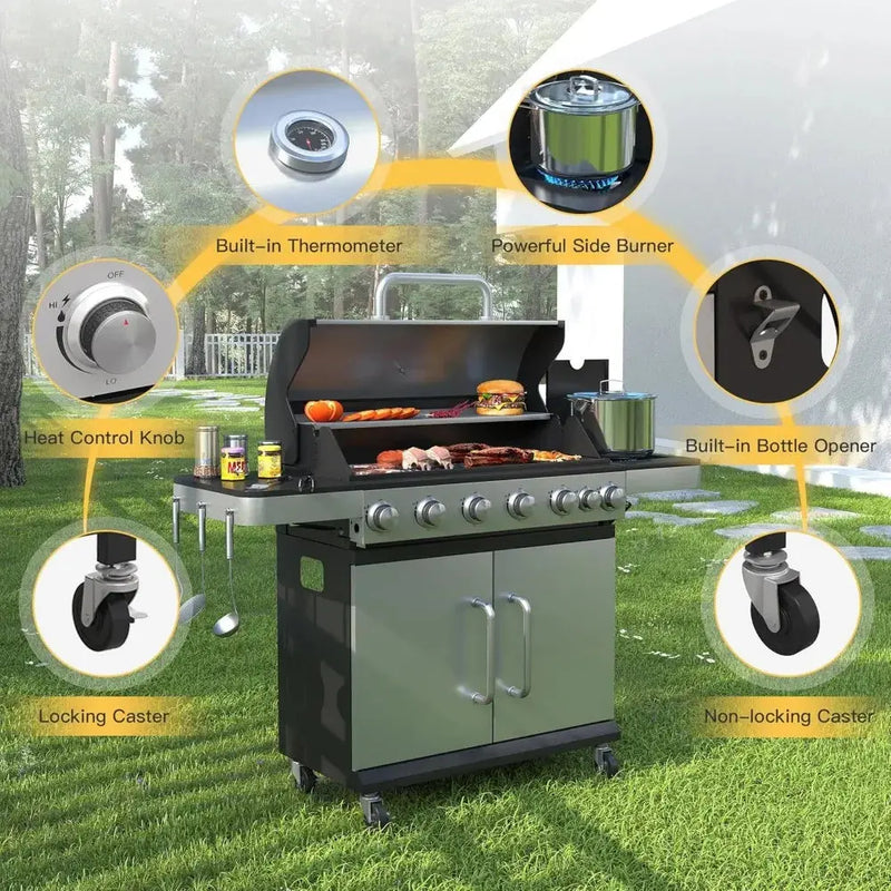 6-Burner Propane Gas BBQ Grill w/ Side Burner – 65,500 BTU Stainless Steel - Our3Designs