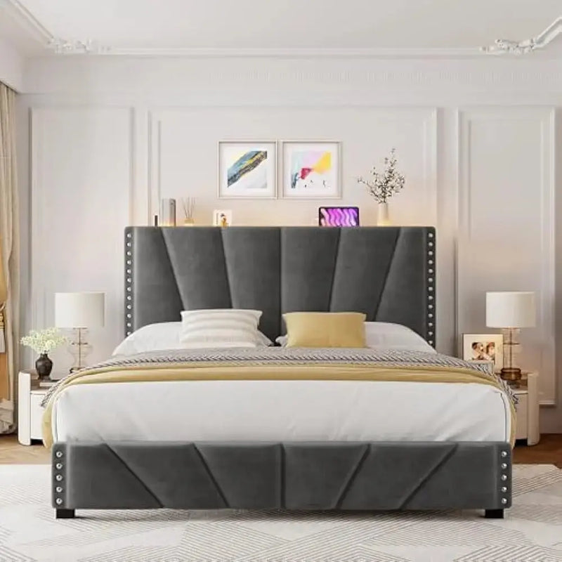 LED Bed Frame, Velvet Storage Headboard with Charging Station, Easy Assembly Bed Frame w/Sturdy Wooden Slats Support, Noise-Free Our3Designs