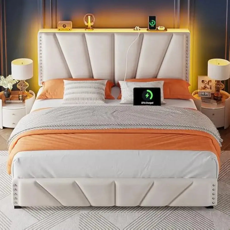 LED Bed Frame, Velvet Storage Headboard with Charging Station, Easy Assembly Bed Frame w/Sturdy Wooden Slats Support, Noise-Free Our3Designs