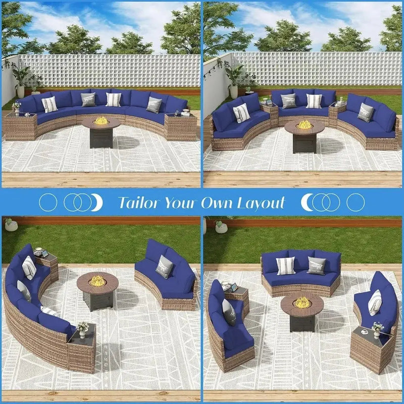Half-Moon Patio Sectional Sofa Set – Outdoor Round Furniture w/ Cushions - Our3Designs