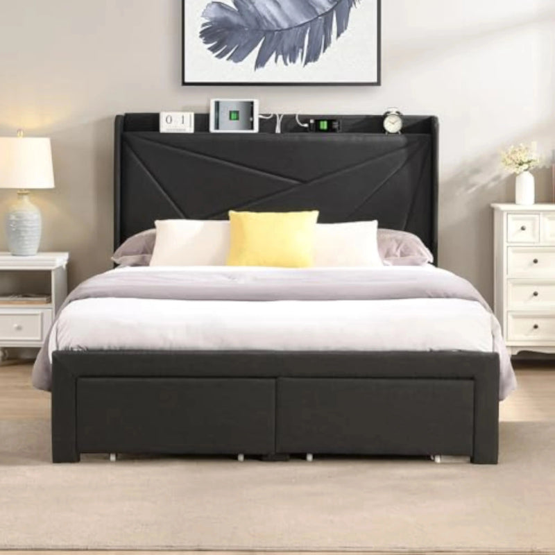 Upholstered Bed Frame w/Charging Station&2 Storage Drawers, Upholstered Headboard Platform Bed, No Box Spring Needed, Beds Frame Our3Designs
