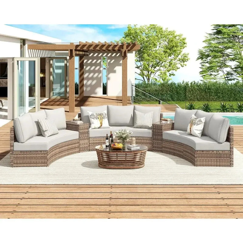 Half-Moon Patio Sectional Sofa Set – Outdoor Round Furniture w/ Cushions - Our3Designs