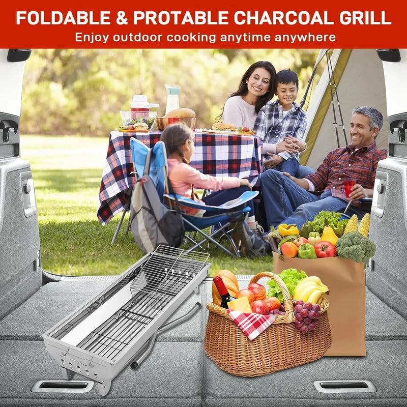 Portable Charcoal Grill 28"x13" – Foldable Stainless BBQ for Camping & Outdoors - Our3Designs