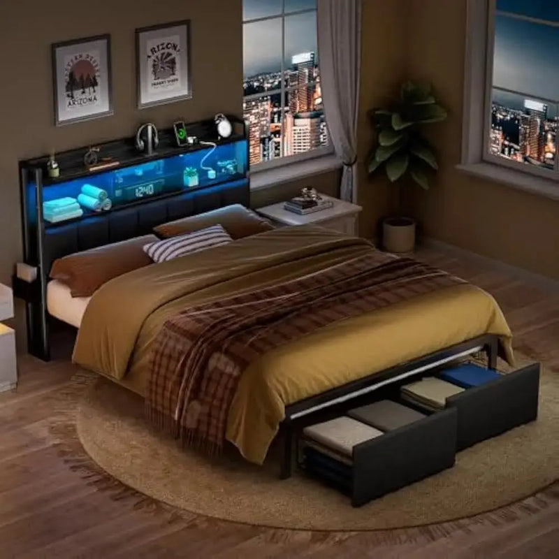LED Queen Size Bed Frame with Storage Drawer and Charging Station, Metal Platform, No Box Spring Needed, Queen Size Bed Frame Our3Designs