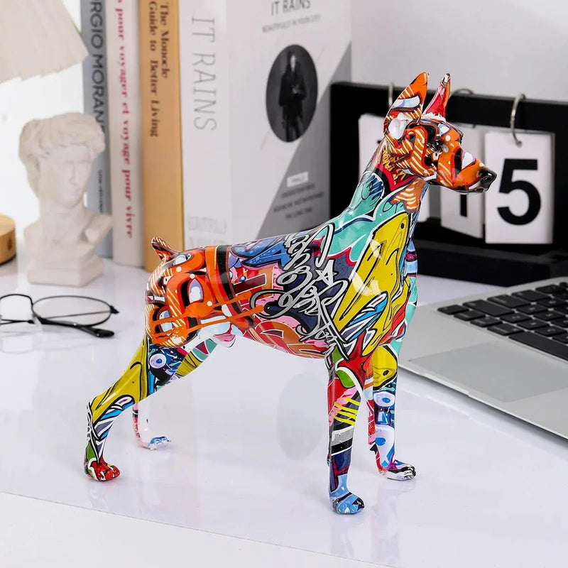 Simple Creative Pet Handle Graffiti Color Doberman Dog Statue Decorations Home Entrance Wine Cabinet Office Decor Resin Crafts Our3Designs