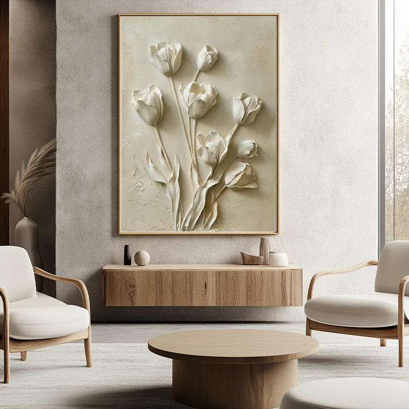 Modern Relief White Tulip Wall Art Decor Elegant Textured Flower Painting