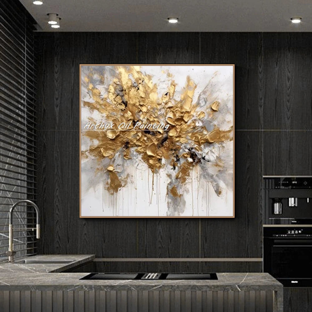 Arthyx Wall Art Picture Handpainted Texture Gold Flowers Oil Painting