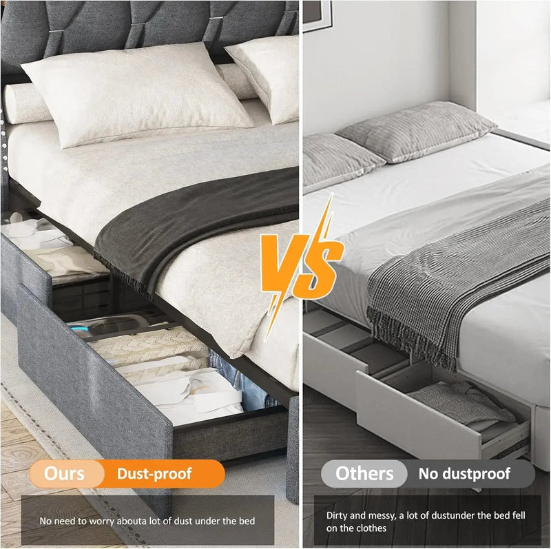 Vabches Queen Size Bed Frame with Headboard&4 Dustproof Storage Drawer Upholstered Platform Bed Frame with Power Strip&LED Light Our3Designs