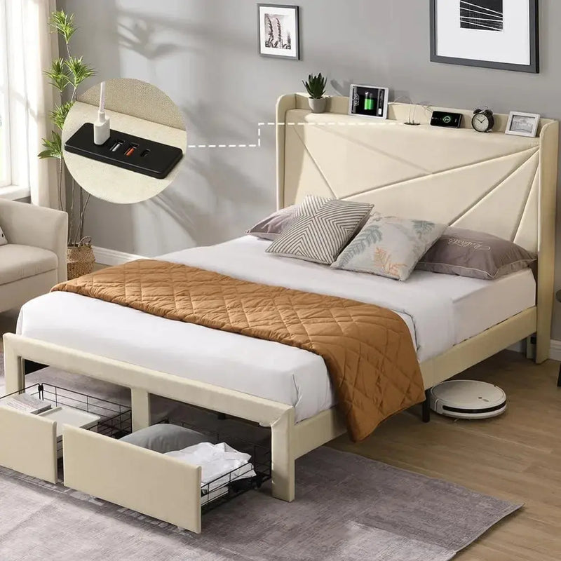 Upholstered Bed Frame w/Charging Station&2 Storage Drawers, Upholstered Headboard Platform Bed, No Box Spring Needed, Beds Frame Our3Designs