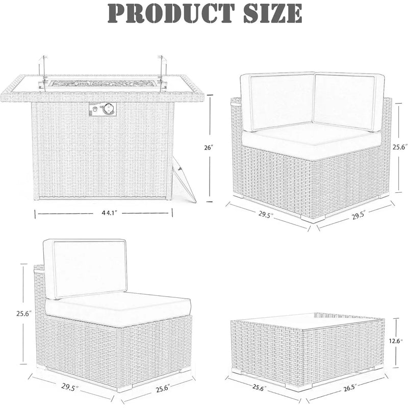 8 Pieces Patio Furniture Set with 44" Propane Gas Fire Pit Table, Outdoor Sectional Wicker Sofa Sets with Coffee Table Our3Designs