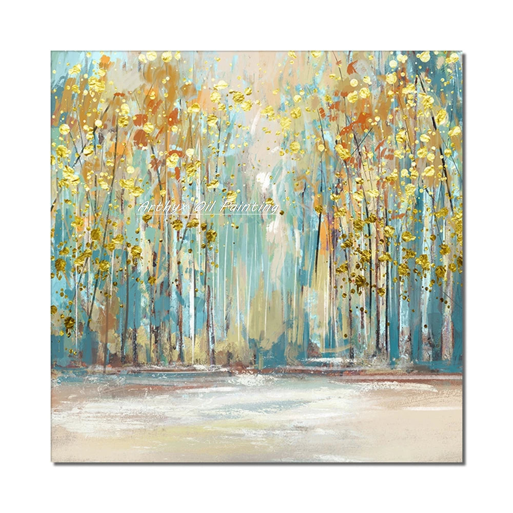 Arthyx Wall Art Picture Handpainted Texture Gold Flowers Oil Painting