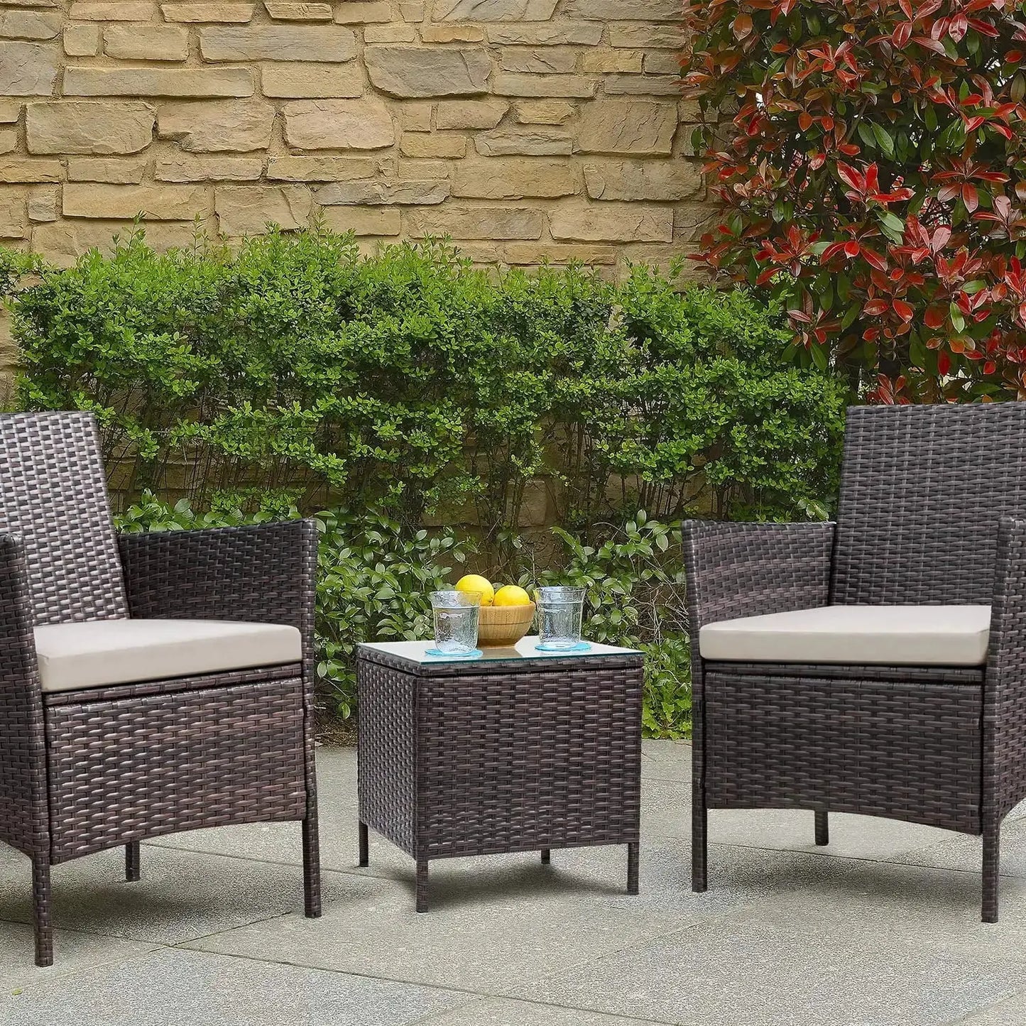 3-Piece Outdoor Bar Set – PE Rattan Wicker Table & Chairs w/ Cushions, Brown - Our3Designs