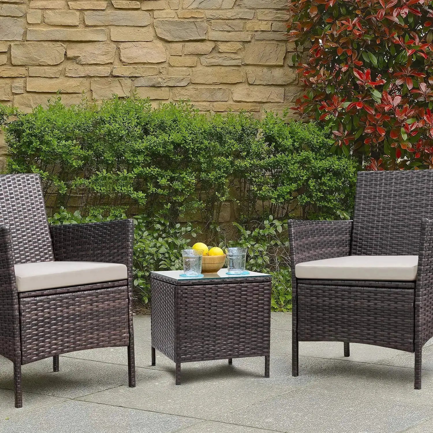 3-Piece Outdoor Bar Set – PE Rattan Wicker Table & Chairs w/ Cushions, Brown - Our3Designs