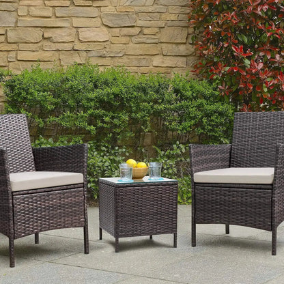 3-Piece Outdoor Bar Set – PE Rattan Wicker Table & Chairs w/ Cushions, Brown - Our3Designs