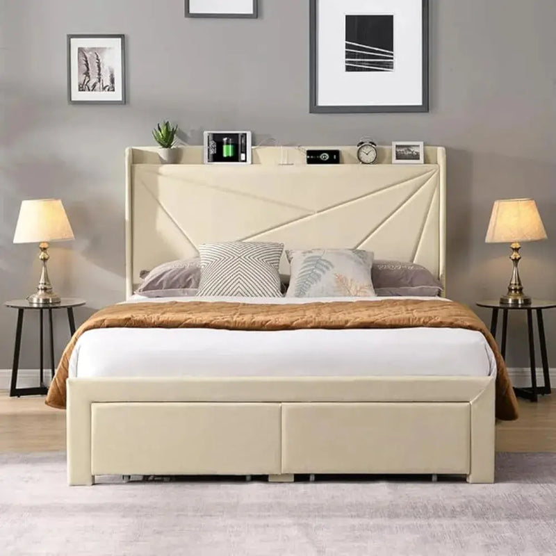 Upholstered Bed Frame w/Charging Station&2 Storage Drawers, Upholstered Headboard Platform Bed, No Box Spring Needed, Beds Frame Our3Designs