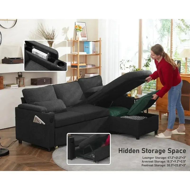 Sofa Bed, Wood Bedframe, for Living Room Bedroom Office, Pull Out Modular Sofa Bed Convertible Living Room Furniture Our3Designs