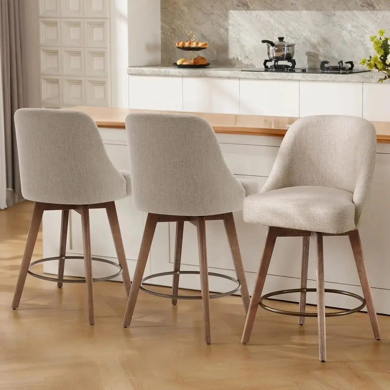 Counter Height Bar Stools Set of 3, Modern Mid-Century Swivel Barstools with Backs and Wood Legs. Our3Designs