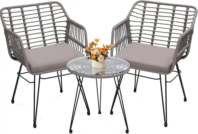 3-Piece Wicker Patio Set – 2 Rattan Chairs & Glass Table w/ Cushions Outdoor - Our3Designs